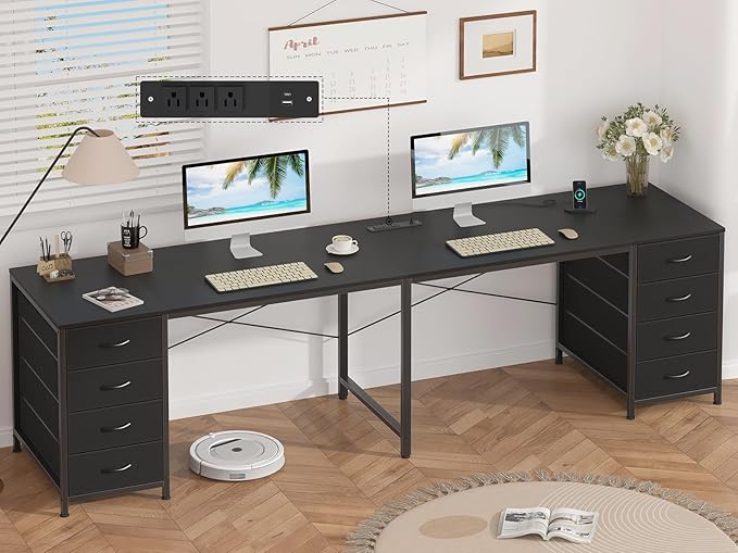 YOMILUVE 95'' Two Person Desk with 8 Drawers, Long Office Desk with Charging Station, 2 Person Desks Double Desk Writing Study Table for Home Office, Black