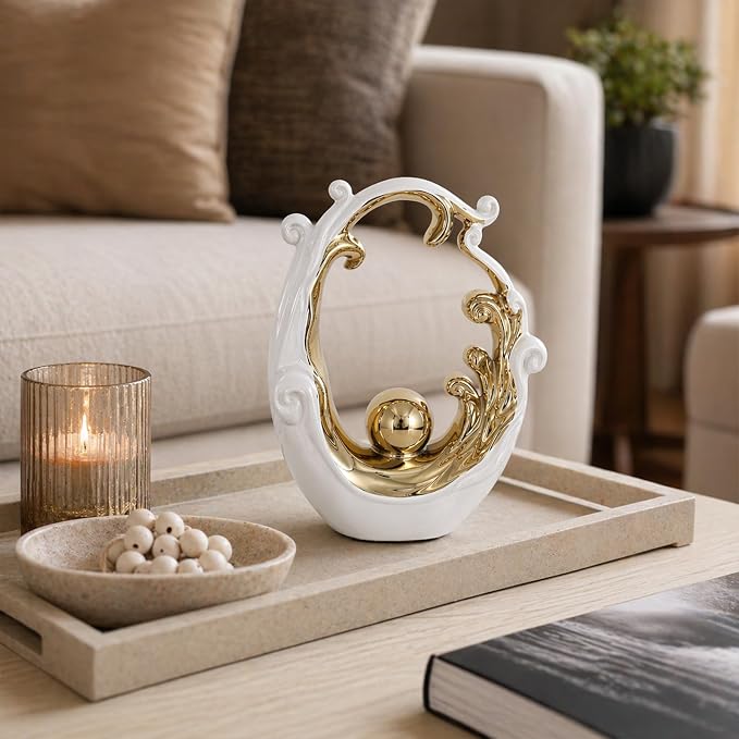 Abstract Ceramic Sculpture, White and Gold Modern Tabletop Statue Wave-Inspired, for Home Decor, Decorative Accent for Shelf, Mantel, Coffee Table, Console or Entryway