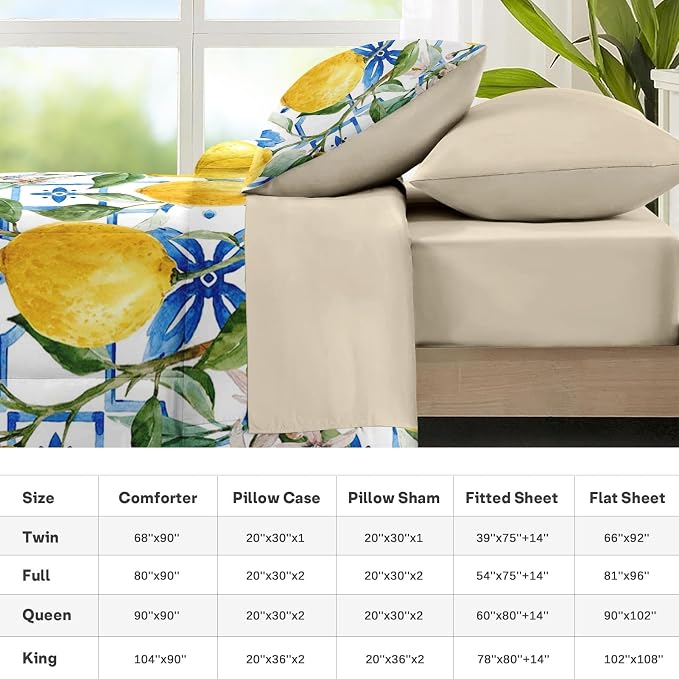 Nesker 7 Pcs Comforter Set Queen Size, Lemons Blue Italian Bedding Set for Kids and Adults, Natural Flower Summer Sheets Bed Sheet Sets with Fitted Sheet 2 Pillowcases & 2 Shams