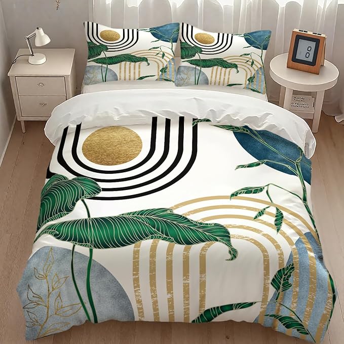 Mid Century Leaves Bedding Set,Modern Abstract Tropical Monstera Palm Leaf Plant Minimalist Spring Summer Bohemian Geometric Comforter Set with Pillowcase for Bedroom Bed Decor,Full 79"x90"