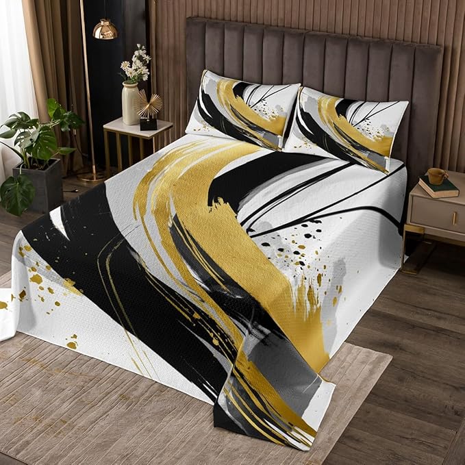 Erosebridal Black and White Golden Quilt Set Twin - Geometric Decorative Abstract Coverlet Set Striped Bedspreads for Boys Adults Girls Minimalists Graffiti Aesthetic Lines Bed Sets