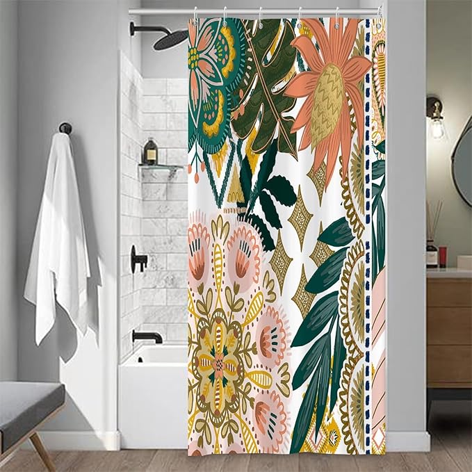 Bohemian Floral Bathroom Shower Curtain with Hooks - Colorful Boho Leaves Flowers - Polyester Waterproof Fabric Paisley - Unique Trendy Woman Shower Decor, 36x72 Inch