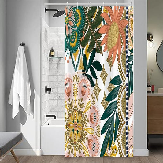 Bohemian Floral Bathroom Shower Curtain with Hooks - Colorful Boho Leaves Flowers - Polyester Waterproof Fabric Paisley - Unique Trendy Woman Shower Decor, 36x72 Inch