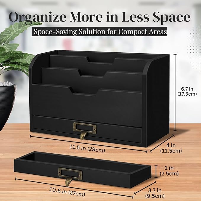 Flexzion 3 Tier Wooden Desk Organizer - Country Rustic Mail Organizer Countertop Compartments Slot File Tray Pencil Sorter Shelf Holder Accessories Set with Storage Drawer for Home Office, Light Brown