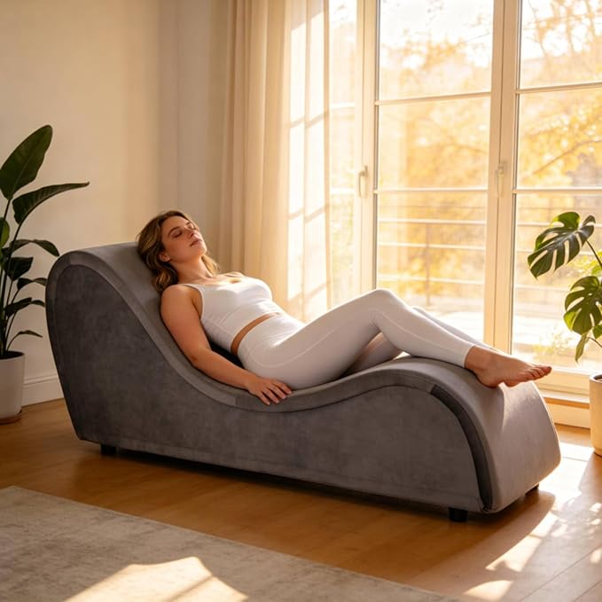 Grey Ergonomic Curved Chaise Lounge Chair for Relaxing, Sofa Bench with Heavy-Duty Metal Frame & Removable Velvet Cover