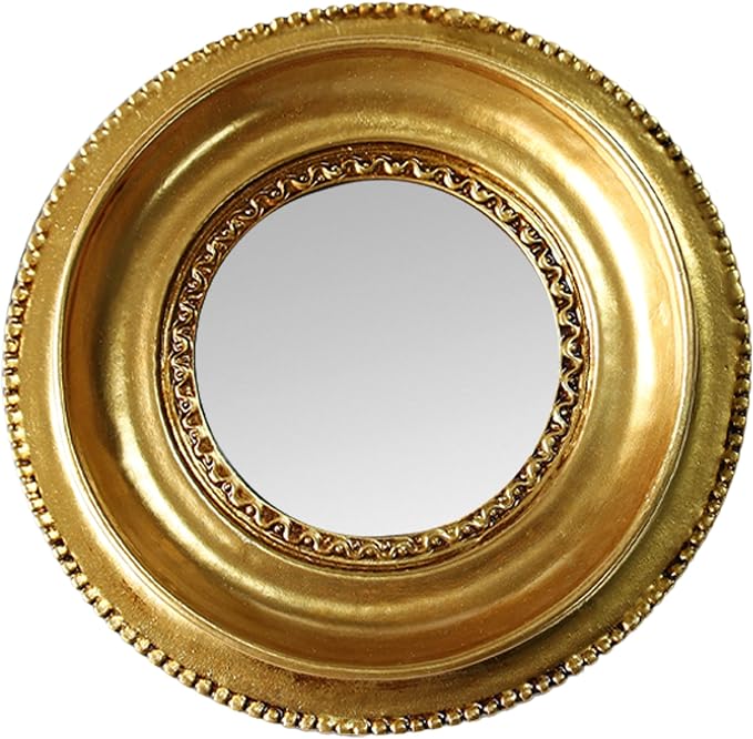 Golden Mini Vintage Mirror with Exquisite Relief Elegant Wall Decor for Bedroom Dresser Table Compact Resin Retro Design (Gold Round 02, 4.7 X4.7)