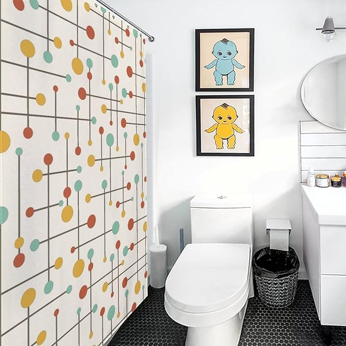Vintage Atomic Geometric Shower Curtains, Modern Mid Century Classic 70s Lconic Colorful Pattern Washable Waterproof Fabric for Bathroom Decor Bathtub with 12 Hooks 55x72in（140x183cm）