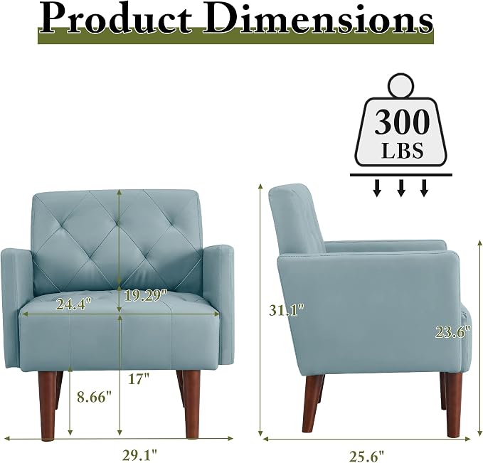 Faux Leather Accent Chair Modern PU Armchair, Retro Tufted Upholstered Arm Chair, Comfy Leather Club Chair Single Sofa for Living Room, Bedroom, Reading Room, Apartment (Blue)