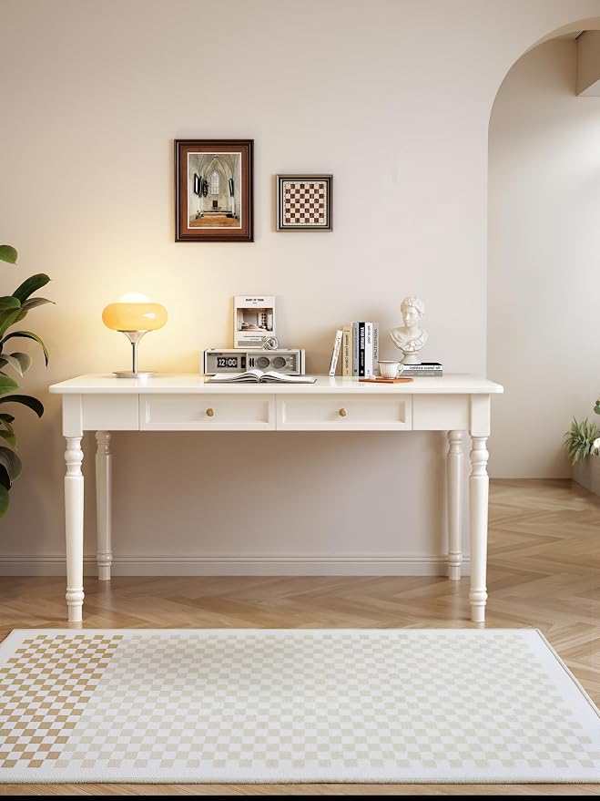 French Country Style White Writing Desks with Drawers, 47" Solid Wood Farmhouse Computer Table for Home Office, Living Room Study or Workspace (White)