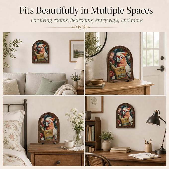 Book Lover Decor Arched Wooden Frame Tabletop Sign, Funny Reading Bird Bookshelf Decor for Desk Shelf and Reading Nook, Vintage Floral Parrot Art Accent