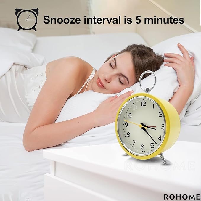 Rohome Small Alarm Clock with Night Light, Silent Quartz Movement, Non-Ticking, Decorative, Wall Hanging, for Bedside Table, Desk, Kitchen, Bedroom, Shelf, Nightstand, Office (Yellow)