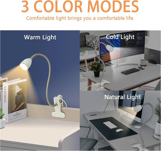 Desk lamp Eye-Caring Table Lamps, 360°Rotation Gooseneck Clip on Lamp Reading Light, Portable Reading Book Light, Clamp Light, Study Desk Lamps for Bedroom and Office Home Lighting (White with Dimme)
