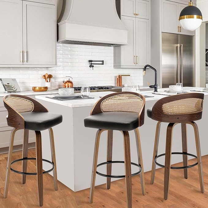 30" Swivel Rattan Bar Stools Set of 3 Mid-Century Modern Faux Leather Upholstered Bar Height Stools Kitchen Island Barstool with Rattan Low Backrest,Walnut Wood Finish Bar Chairs,Black PU