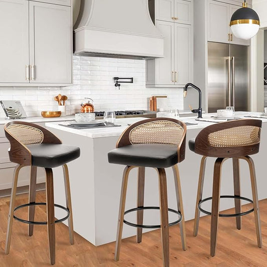 30" Swivel Rattan Bar Stools Set of 3 Mid-Century Modern Faux Leather Upholstered Bar Height Stools Kitchen Island Barstool with Rattan Low Backrest,Walnut Wood Finish Bar Chairs,Black PU