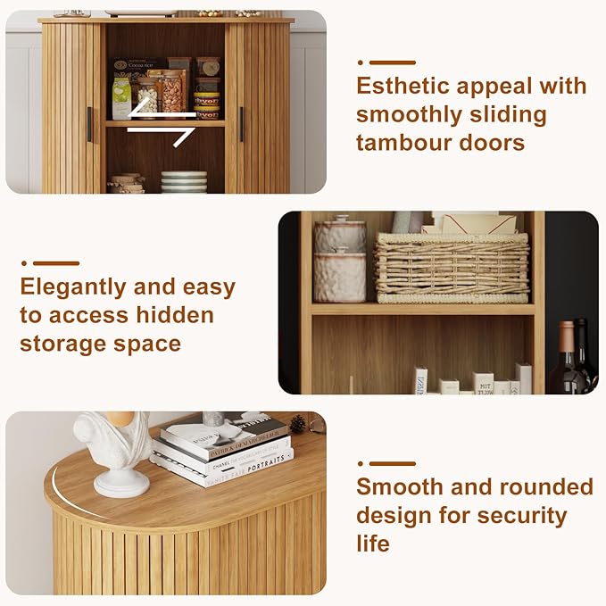 31.5" Fluted Sideboard Buffet Cabinet with Tambour Storage Oval Curved Accent Console Table for Dining Room Kitchen Living Room (Natural)