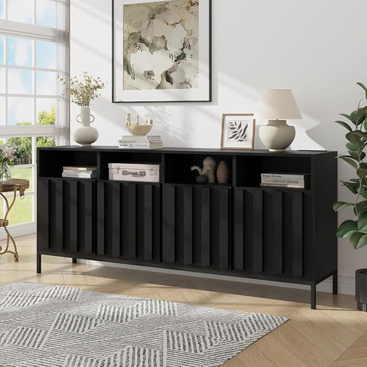 COCO DESIGN 70" Buffet Sideboard Cabinet with Fluted Panel Doors, Large Credenza Console with Power Outlet & Adjustable Shelves, Modern Storage Cabinet for Kitchen & Living Room, Black