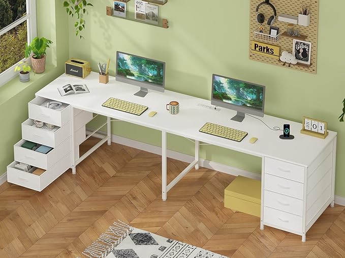 YOMILUVE 95'' Two Person Desk with 8 Drawers, Long Computer Desk with Charging Station, 2 Person Desks Double Desk Writing Study Table for Home Office, White