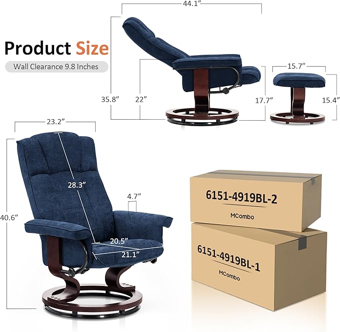 MCombo Manual Swivel Recliner with Ottoman, Chair Ottoman Set for RV Small Spaces, Living Room, Bedroom, Office 9019 4919 (Textile, Blue)