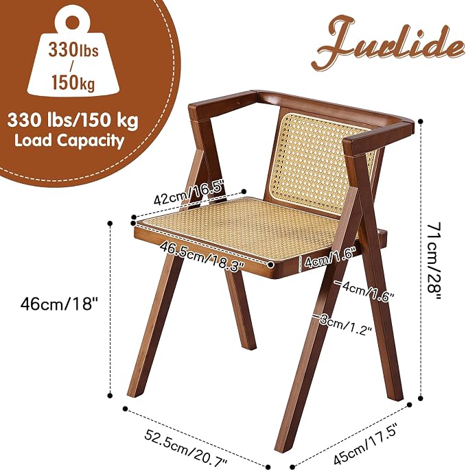 Furlide Rattan Dining Chair, Mid-Century Accent Armchair, Wicker Chair, Outdoor Bamboo Chair for Dining Room, Living Room, Bedroom, Kitchen, Walnut