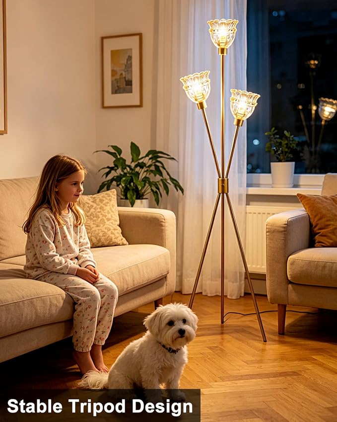 Lightdot 3-Lights Glass Tripod Floor Lamp Gold Dimmable Floor Lamps with 3000K Warm White Bulbs for Wedding Party 62IN Tall Standing Lamp with Amber Glass Shade for Living Room/Bedroom/Home Decor