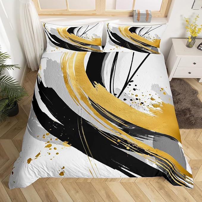 Erosebridal Black and White Golden Duvet Cover Full - Geometric Decorative Abstract Bedding Sets Striped Bed Set for Boys Adults Girls Minimalists Graffiti Aesthetic Lines Bed Cover