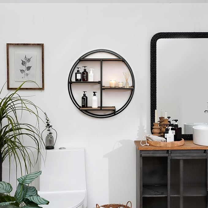 Industrial Style Round Wall Shelves, 3 Tier Decorative Floating Ledge Shelves, Wall Mounted Metal Bracket Wooden Display Hanging Shelf