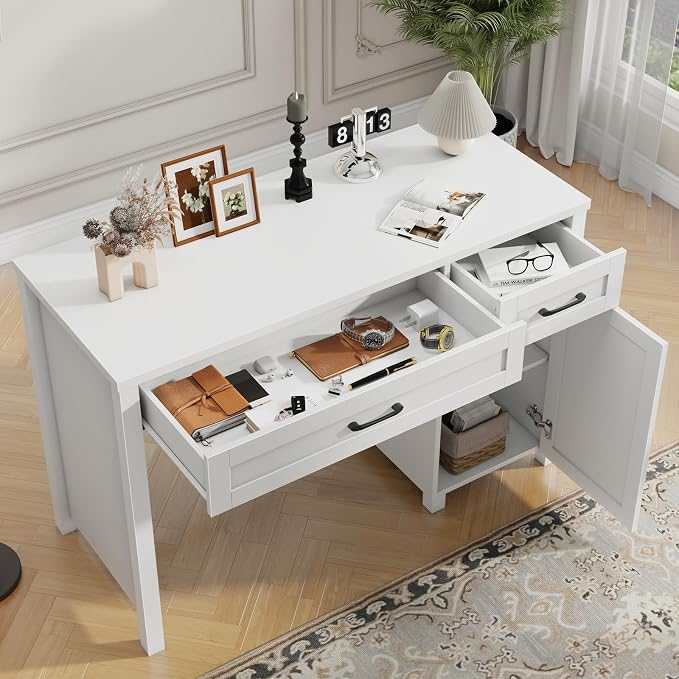 Vabches Farmhouse 47" Executive Desk, Computer Desk with Drawers and Storage Cabinet, Workstation for Home Office and Study.(Cream White)