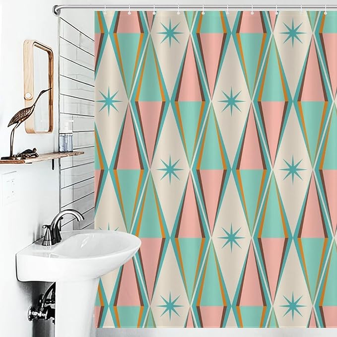 Mid Century Shower Curtain,Modern Abstract Atomic Retro 60s Geometric Fabric Bathroom Decor Curtains with Hooks 66x72in（168x183cm）