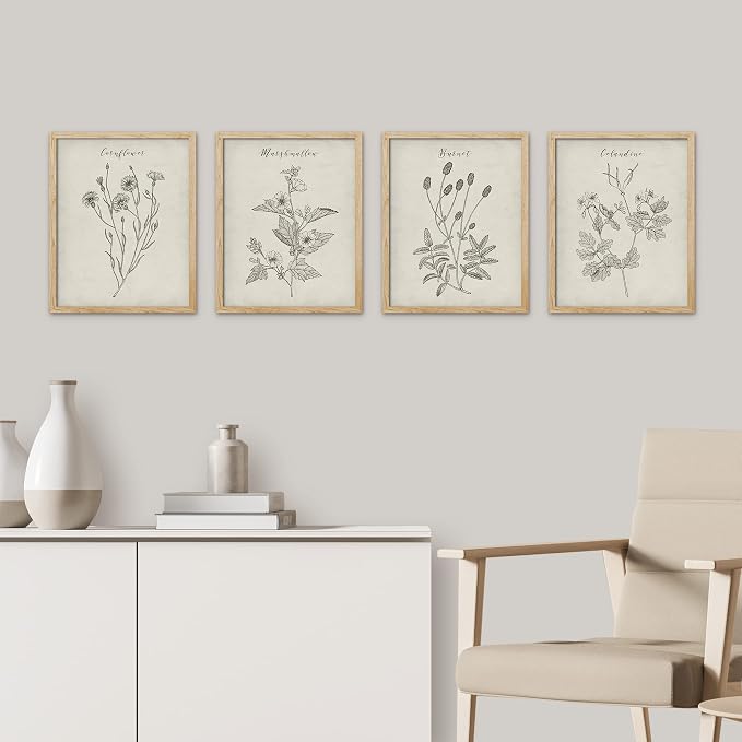 SIGNWIN Framed Vintage Wildflower Wall Art, Set of 4 Plant Collage Drawing Wall Decor Prints, Nature Wilderness Wall Décor for Living Room, Bedroom - 8"x10" Natural