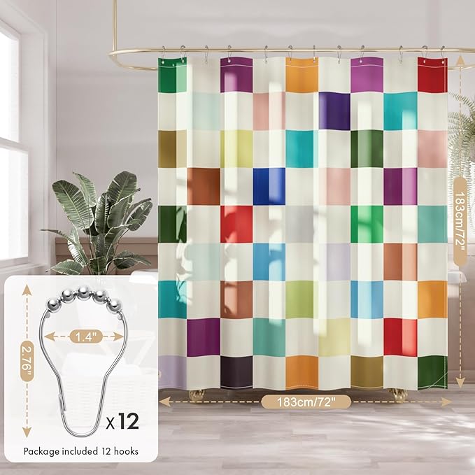 AmazerBath Colorful Checkered Shower Curtain, 72x72 Washable Cloth Modern Geometric Shower Curtains for Bathroom, Fabric Cute Kids Shower Curtain Set & 12 Hooks, Rustic RV Camper Dorm Shower Curtain