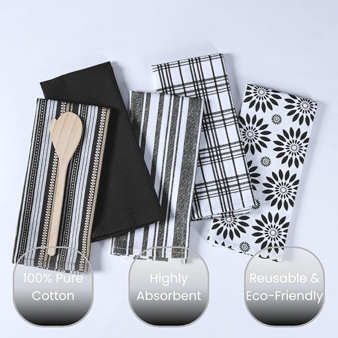 Assorted Kitchen Towels - Black Kitchen Towels, Set of 5, 16x26 in - Absorbent 100% Cotton Dish Towels with Hanging Loop - Waffle Weave Tea Towels for Drying Dishes, Glassware & Counters