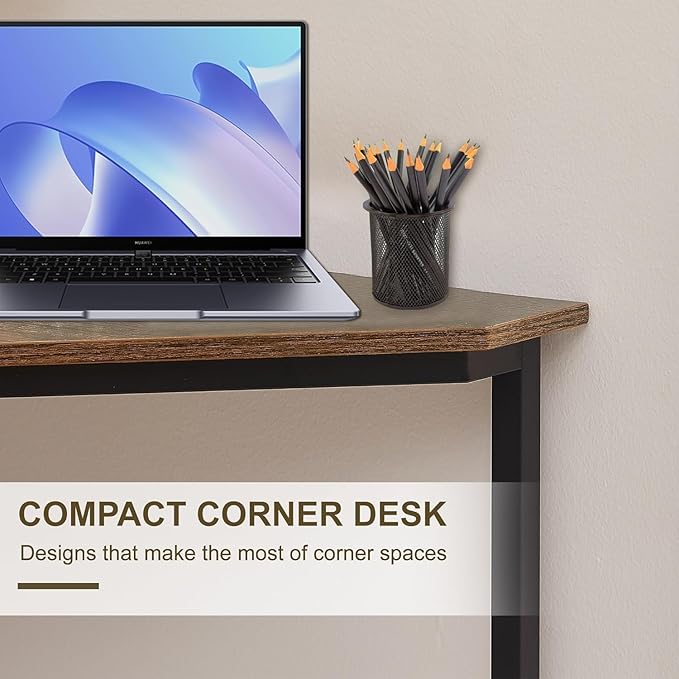 VECELO Ϲоrnеr Desk, Corner Tables for Living Room for Small Space Triangle Computer Desk with Steel Frame Ϲоrnеr Shelves with Metal Frame Ϲоrnеr Writing Desk for Workstation Retro Brown 33.1"