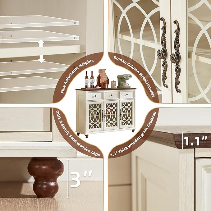 Farmhouse Sideboard Buffet Cabinet with Storage,48" Large Credenza with 3 Glass Doors & 3 Drawers,Adjustable Shelves Console Table,Wood Kitchen Coffee Bar for Dining Room,Living Room,White
