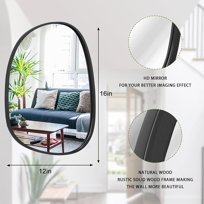 Asymmetrical Wood Wall Mirror - Irregular Oval Hanging Frame for Wall, Vanity, Bathroom, Living Room, Bedroom, Entryway, Hallway - Modern, Unique, Decorative, Artistic - Black