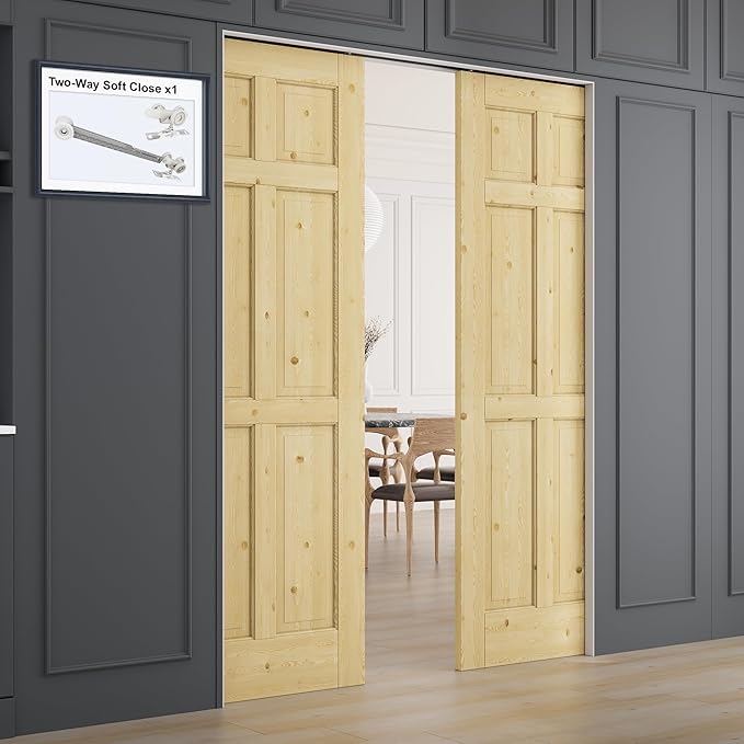 60" x 80" (Double 30" x 80") 6 Panel All-Inclusive Soft Close & Solid Core Sliding Pocket Door, Pine Wood Door with Frame & Hardware Kit, Pocket Interior Doors for Home, Unfinished