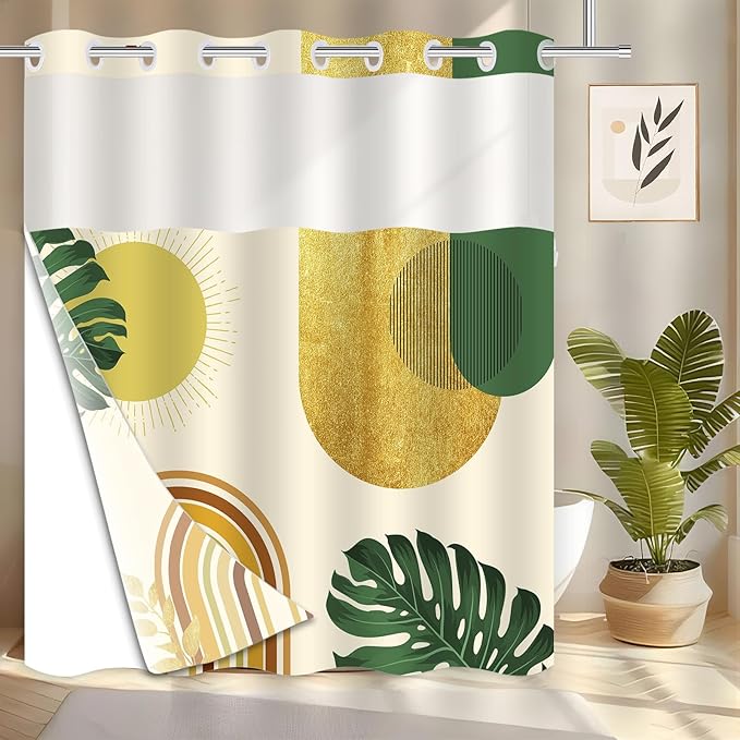 No Hook Shower Curtain and Liner Set Minimalist Boho Bathroom Decor,Yellow Mid Century Modern,Shower Curtain with Window and White Lining is Detachable,71x74inch