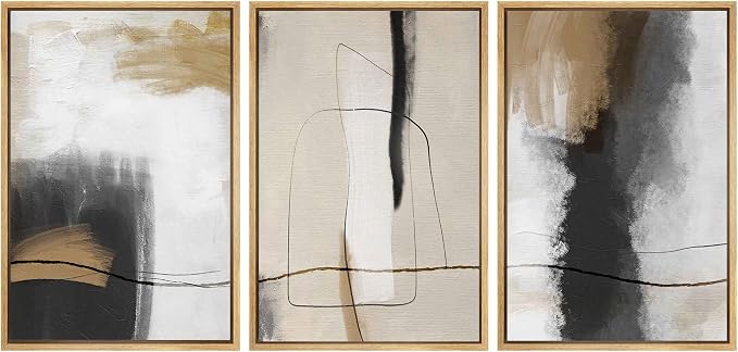 SIGNWIN Framed Canvas Print Wall Art Set Geometric Line Brown Black Pastel Color Field Abstract Shapes Illustrations Modern Art Colorful for Living Room, Bedroom, Office - 24"x36"x3 Natural