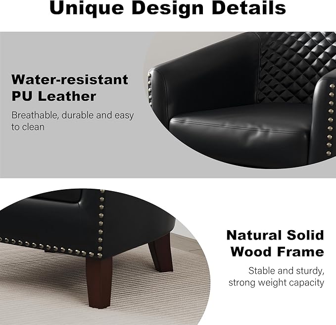 Accent Barrel Chair, Upholstered Faux Leather Club Chair with Nailed Trim, Comfy Reading Armchair for Living Room Bedroom Reception Room Office (Black, Set of 1)