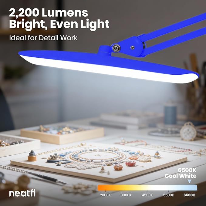 Neatfi XL Nail Desk Lamp with Clamp, 2200 Lumens, 20-Inch Wide Head, Dimmable 4 Levels, 6500K, LED Task Light for Manicure Table, Crafts, Workbench, Office (Non-CCT, Sapphire Blue)