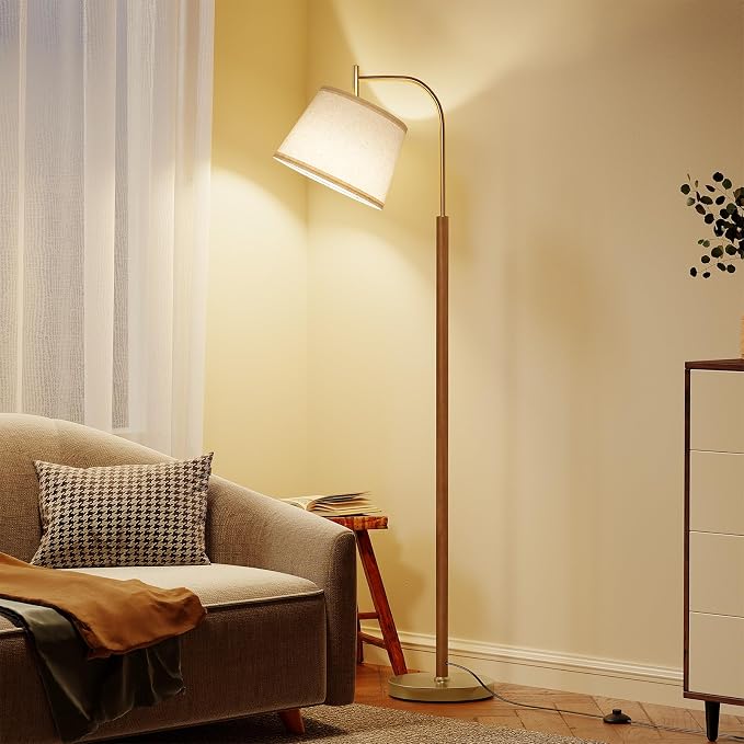 SUNMORY Wood Floor Lamp for Living Room, Mid Century Modern Floor Lamp with 3 Color Temperatures Bulb, Arc Standing Lamp with Adjustable Lampshade, Tall Reading Lamp for Bedroom, Corner, Office