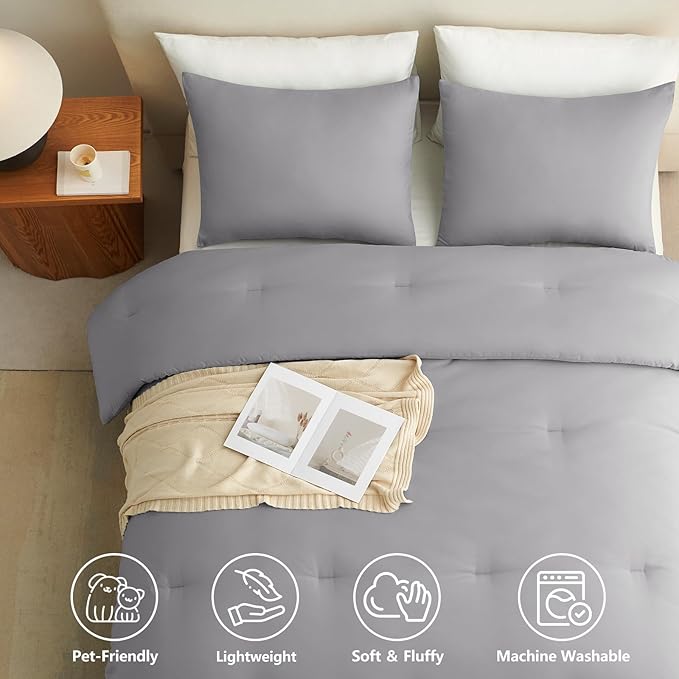 CozyLux King Size Comforter Set Grey, 3 Pieces Lightweight Down Alternative Quilted Bedding Sets, Gray All Season Soft Breathable Solid Comforter with 2 Pillowcases, Luxury Bed Set Gift for Home