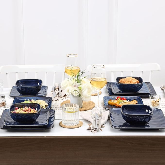 vicrays Ceramic Square 12 Pieces Dinnerware Set - Dinner Plates Salad Plates Cereal Bowls Set Service for 4 - Scratch Resistant Microwave Oven Dishwasher Safe - Blue