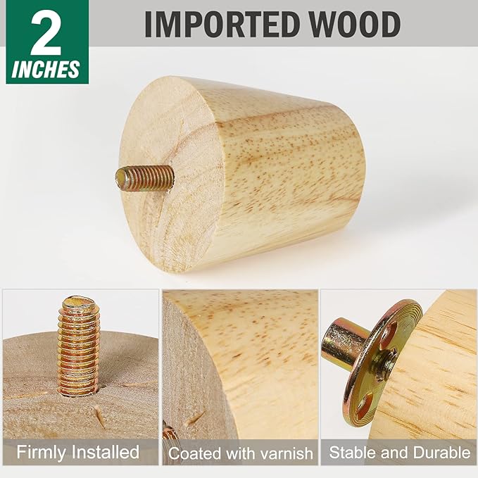 FoDau770 Rubber Wood Furniture Legs 2 Inches, Straight Tapered Wood Feet Mid Century Sofa Legs Set of 8, 5/16" UNC Furniture Feet Replacement Parts for Cabinet Couch Dresser Chair Ottoman Table