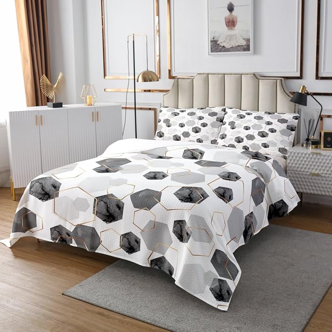 Erosebridal Grey Modern Quilt Set King - Marble Geometric Minimalist Coverlet Set, Fresh Abstract Geometric Art Decor Bed Sets for Boys Girls Watercolor Hexagon Quilts with 2 Pillowcases