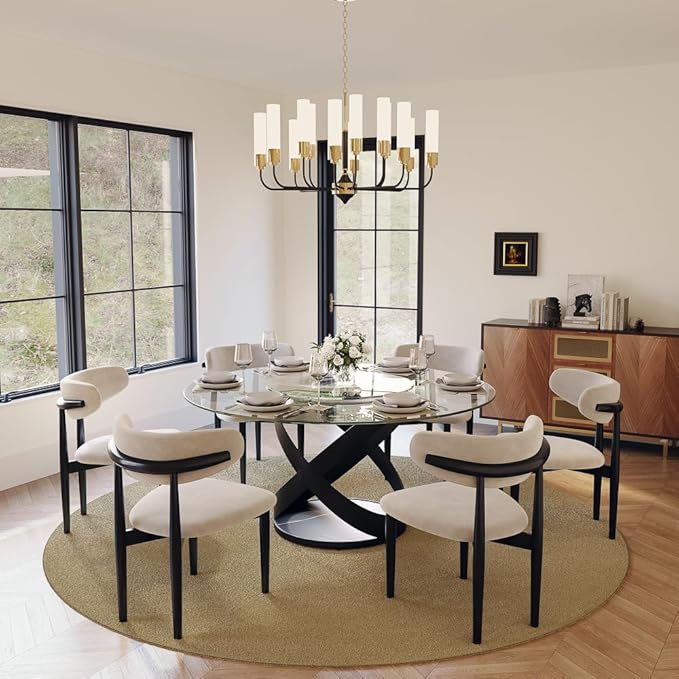 POVISON 59" Modern Round Dining Table with Lazy Susan, Glass Round Kitchen Table for 6, Glass Dining Room Table Top with Black X Carbon Steel Base for Dining Room (Dining Table Only)