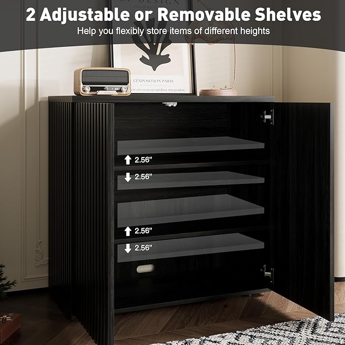 Rophefx Fluted Sideboard Cabinet, Buffet Cabinet with Storage, Credenza Storage Cabinets with Adjustable Shelf, Wood Entryway Cabinets with Pop-up Doors for Living Room, Entryway, Hallway, Black Grey