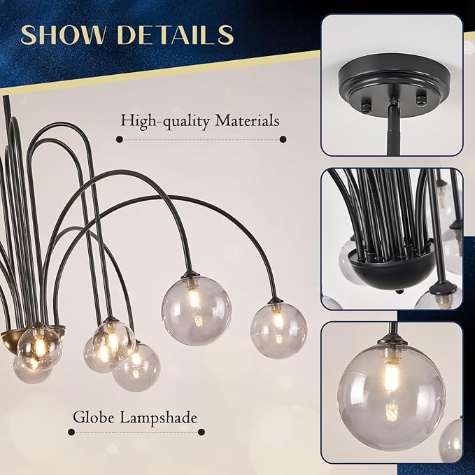 Modern Black Chandeliers Mid Century 12 Lights Sputnik Chandelier Large L52” Smoke Glass Globe Pendant Light Fixture for High Ceiling Foyer Staircase Living Dining Room