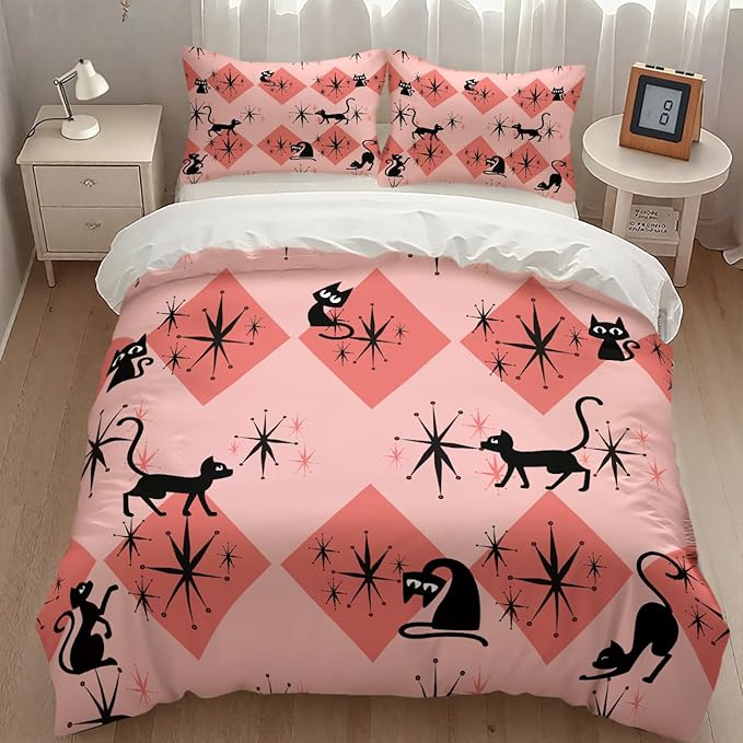 Mid Century Bedding Set,Retro Black Cat 1950s 1960s Abstract Atomic Pink Geometric Pattern Modern Comforter Set with Pillowcase for Bedroom Bed Decor,King 102"x90"