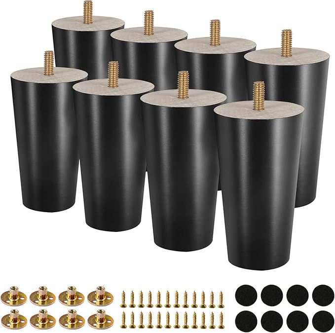FoDau770 Black Rubber Wood Furniture Legs 4 Inches, Straight Tapered Wood Feet Mid Century Sofa Legs Set of 8, 5/16" UNC Furniture Feet for Cabinet Couch Dresser Chair Ottoman Table