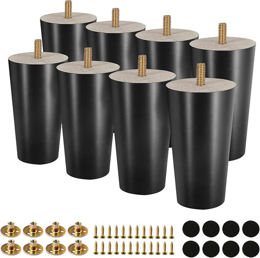 FoDau770 Black Rubber Wood Furniture Legs 4 Inches, Straight Tapered Wood Feet Mid Century Sofa Legs Set of 8, 5/16" UNC Furniture Feet for Cabinet Couch Dresser Chair Ottoman Table